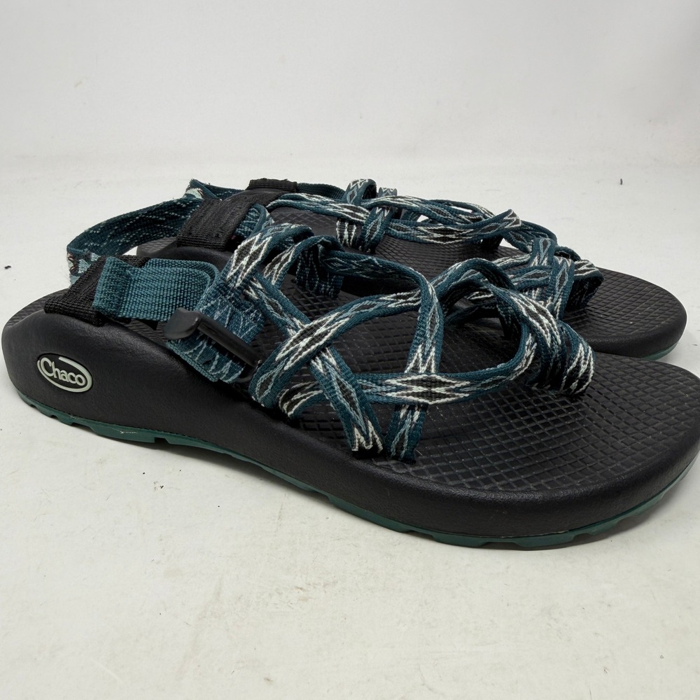 Chaco Sandals Womens 8 Z Cloud 2 Teal Black Geometric Strappy Toe Loop EUC